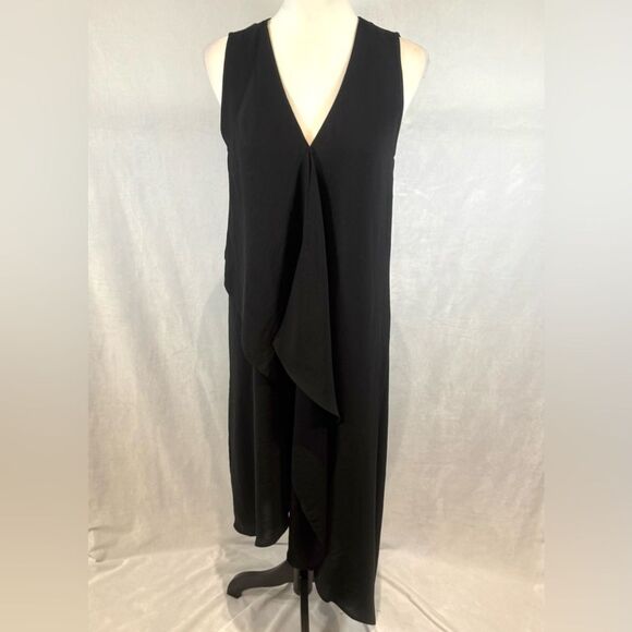 White House Black Market black cascading ruffle asymmetrical midi dress size 4 - Picture 2 of 6